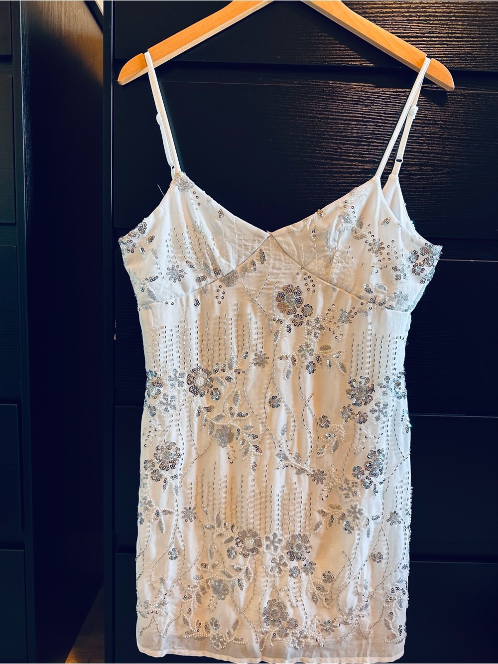 Thirty/Thirty LA White Silver Sequin Beaded Cami Slip Mini Dress Womens Medium⁠